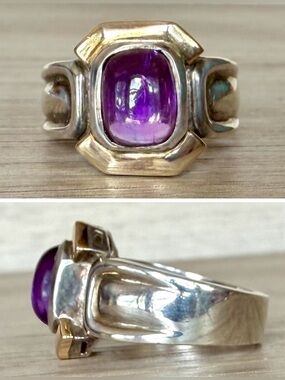M&GN Sterling Silver & 10K Gold Purple Cabochon Amethyst Ring, Size 6.5